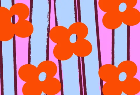 Motif de fleurs orange sur rayures rose et bleu
