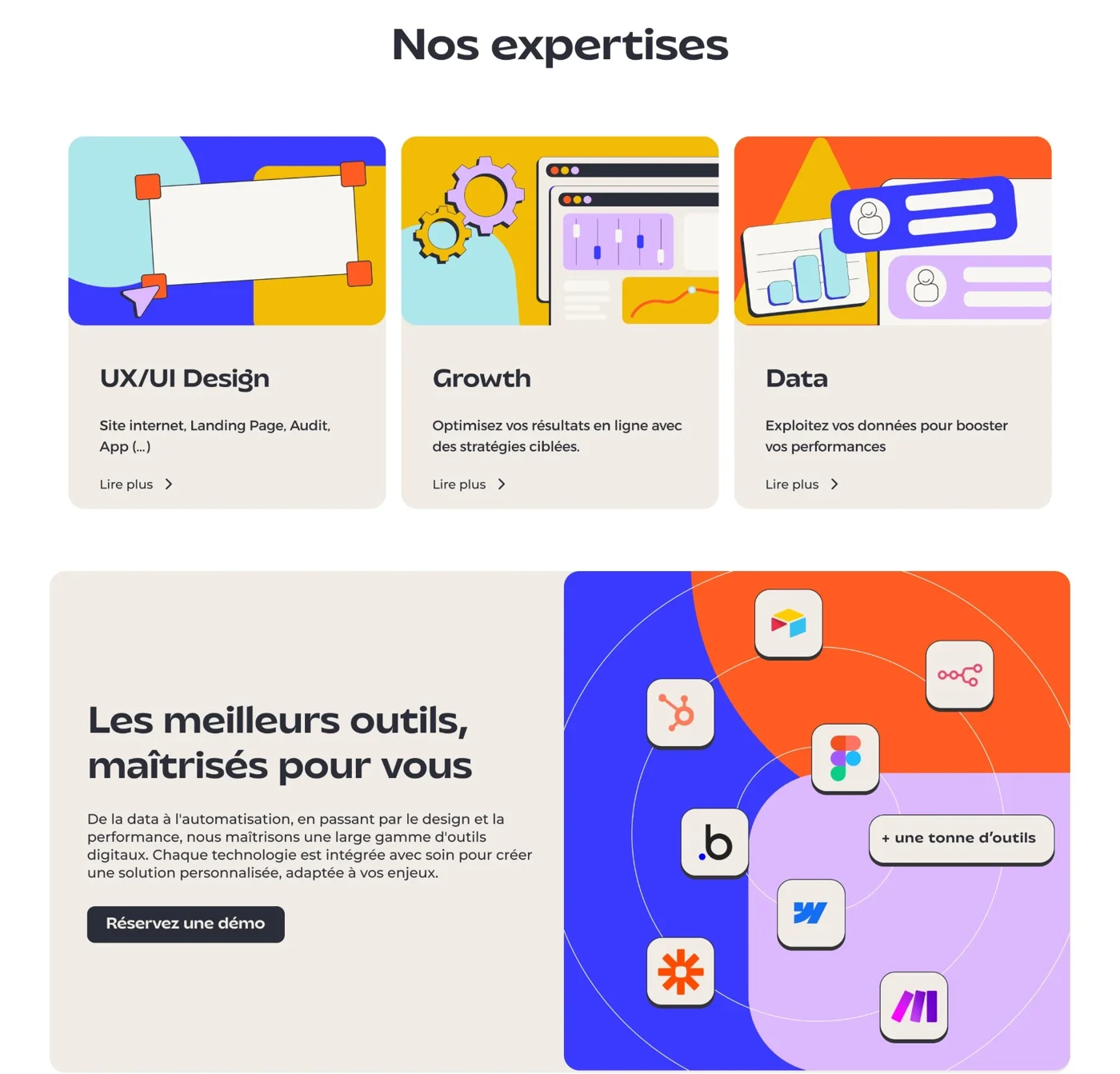 Section Nos expertises : UX/UI Design, Growth, Data, et Les meilleurs outils