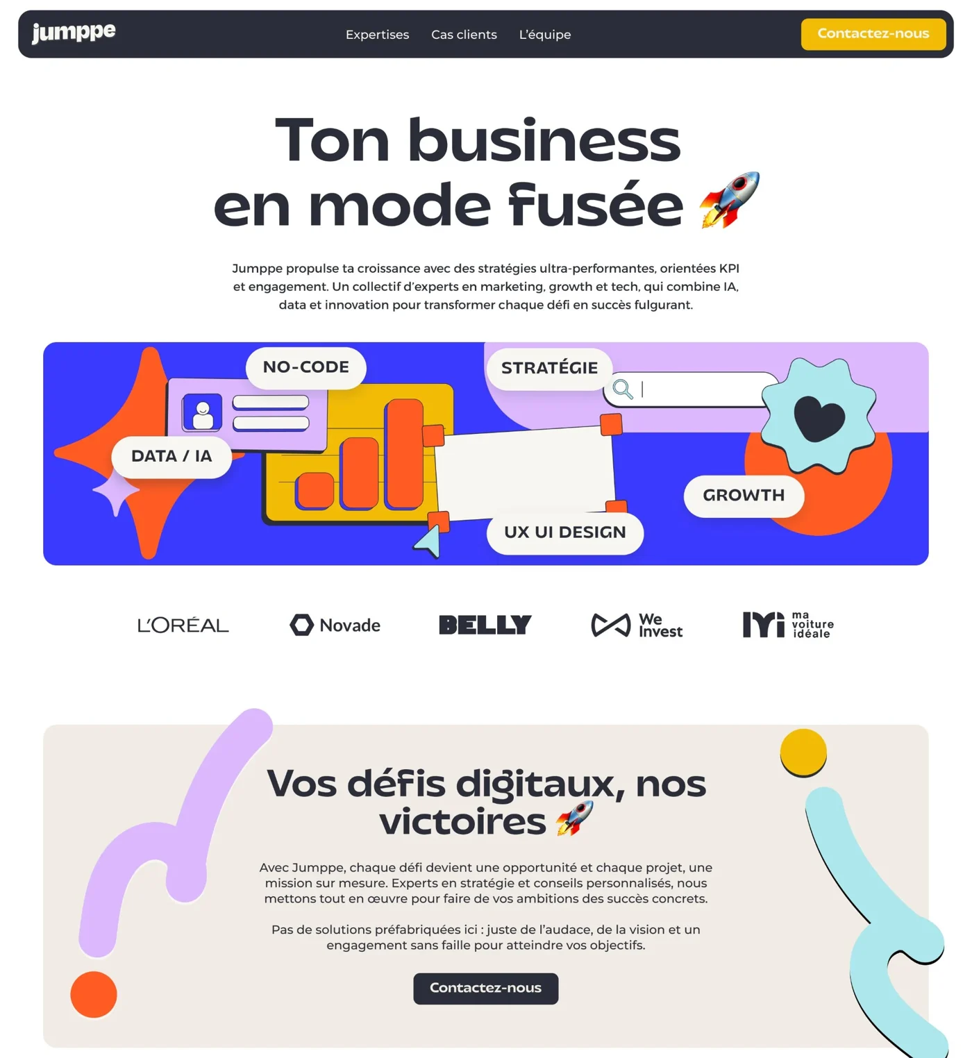 Haut de la page d'accueil : « Ton business en mode fusée », bandeau illustré et logos clients