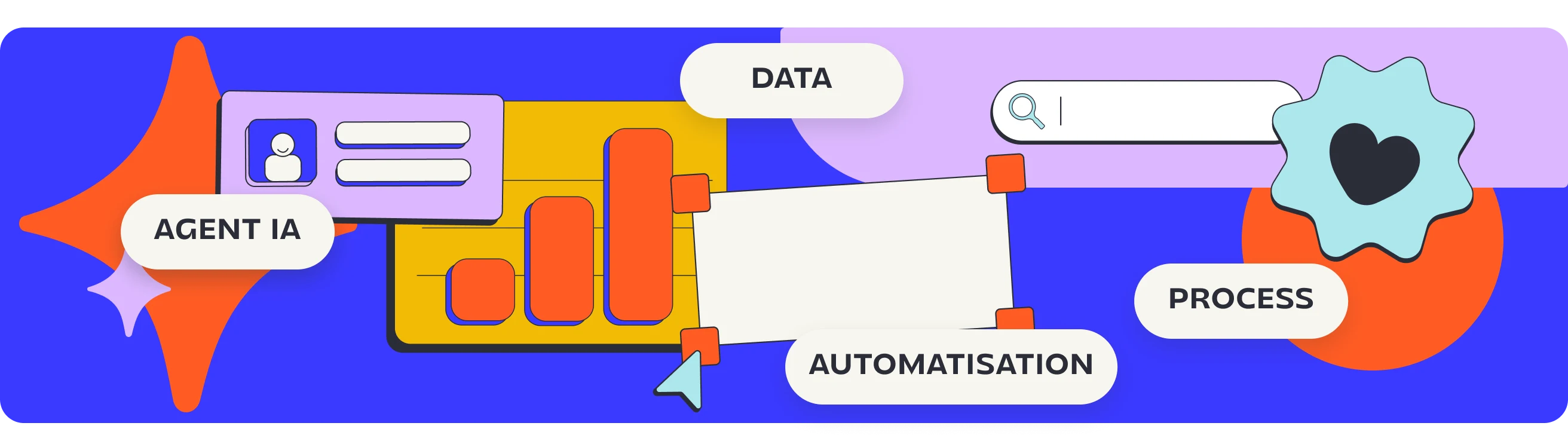 Illustration Jumppe : graphique, fiche profil, barre de recherche et étiquettes Agent IA, Data, Automatisation, Process sur fond bleu, orange et lilas