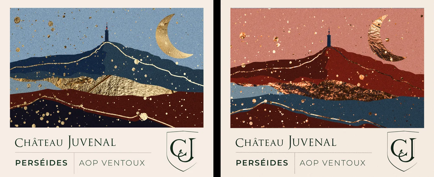 Les deux étiquettes Perséides : version bleue à la feuille d'or et version rouge cuivrée
