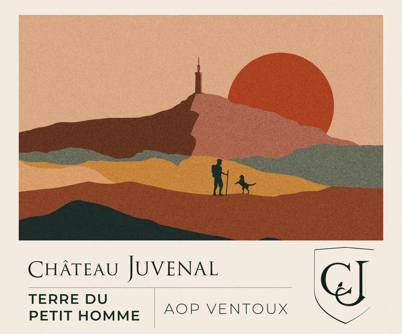 Étiquette Terre du Petit Homme : un randonneur et son chien face au mont Ventoux au coucher du soleil