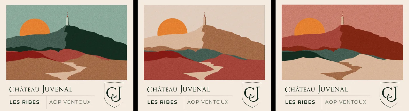 Les trois étiquettes Les Ribes : version verte, version sable et version rouge