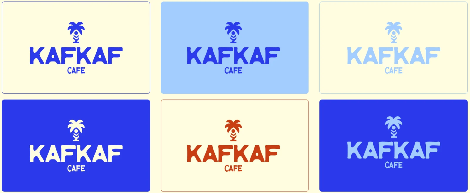 Le logo principal décliné en bleu majorelle, bleu ciel, crème et terracotta
