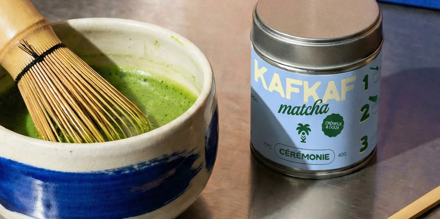 La boîte de matcha Kafkaf « Cérémonie » à côté d'un bol et d'un fouet