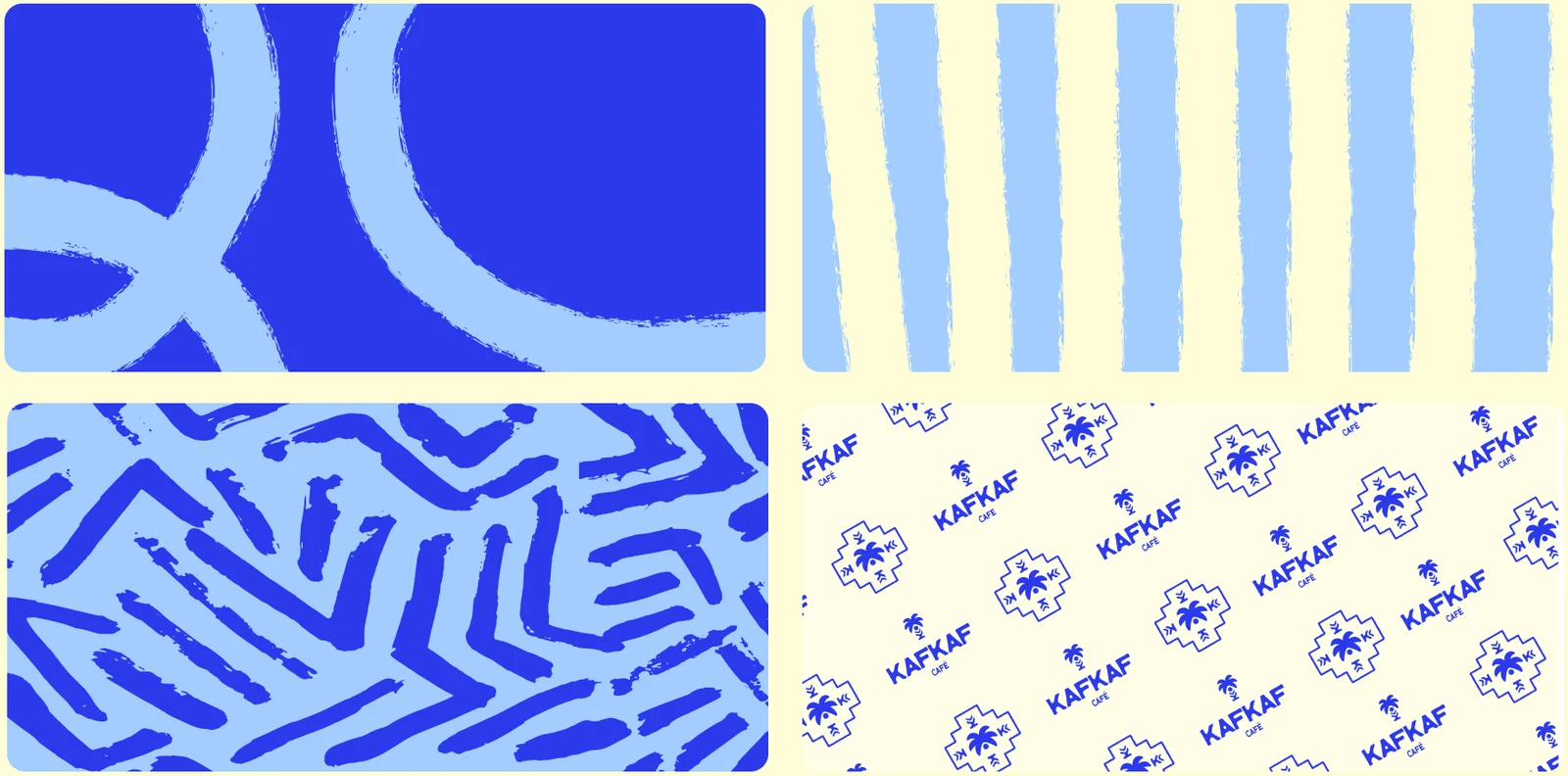 Quatre motifs : arcs peints, rayures, traits en chevrons et logo répété