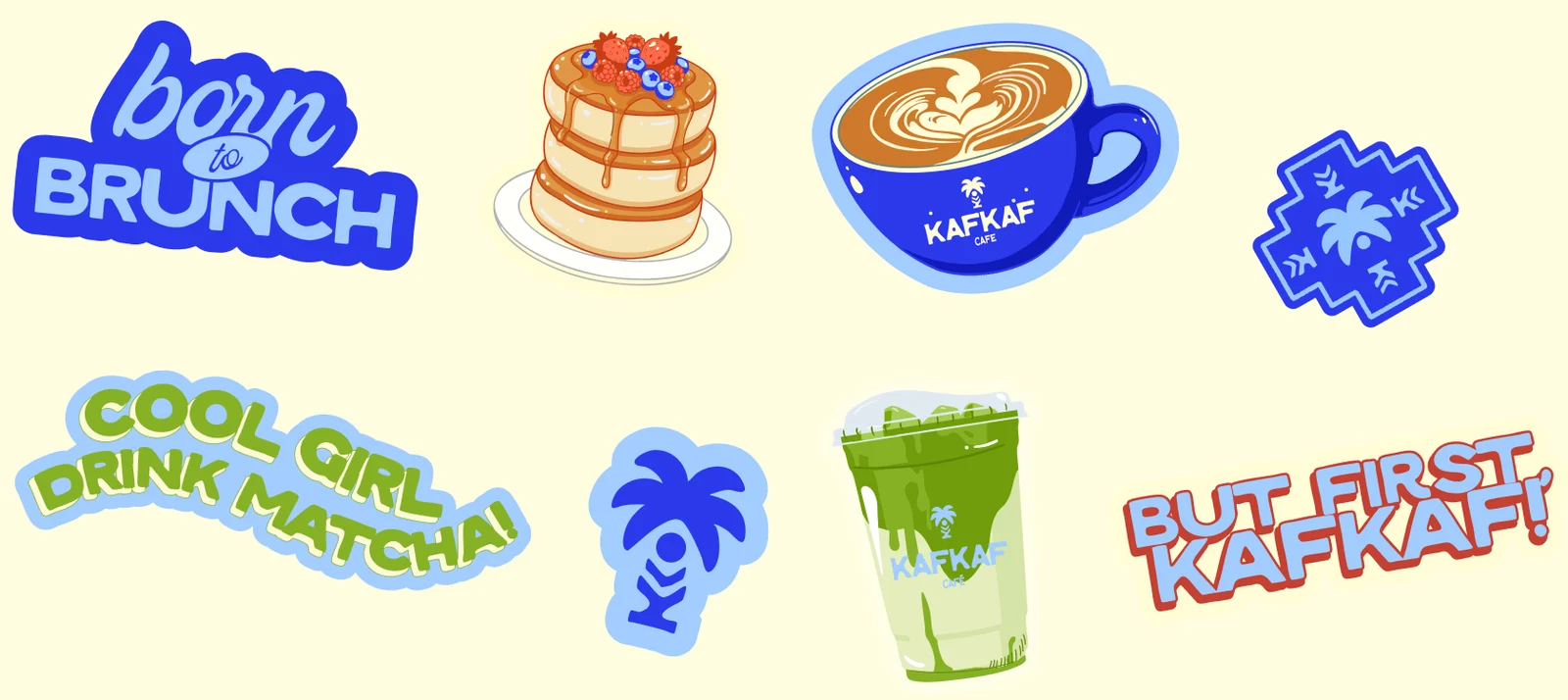 Stickers : « born to brunch », pancakes, tasse Kafkaf, tampon, « cool girl drink matcha », palmier, matcha glacé, « but first Kafkaf »