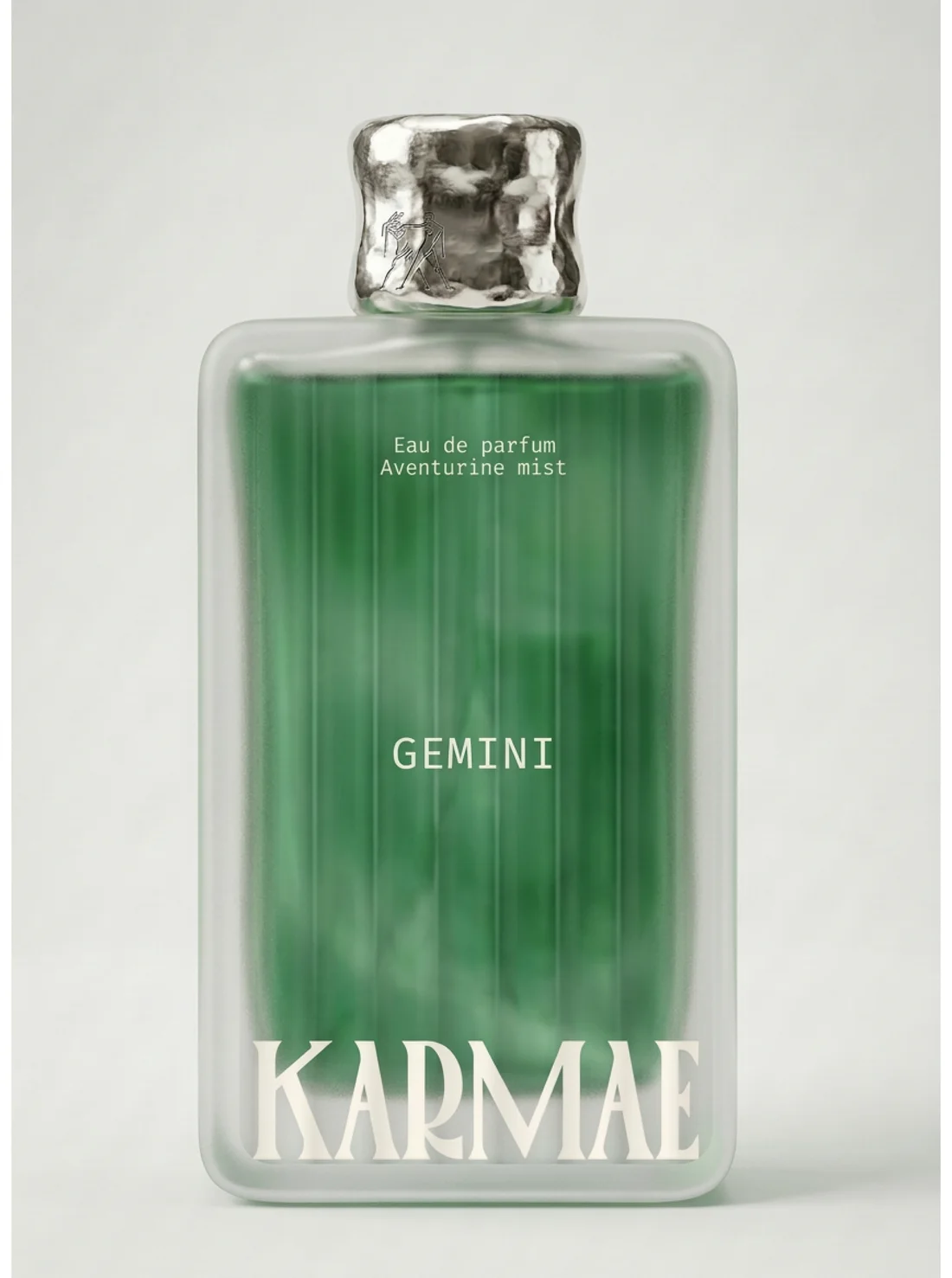 Flacon Gemini, eau de parfum Aventurine mist, bouchon argenté gravé des gémeaux