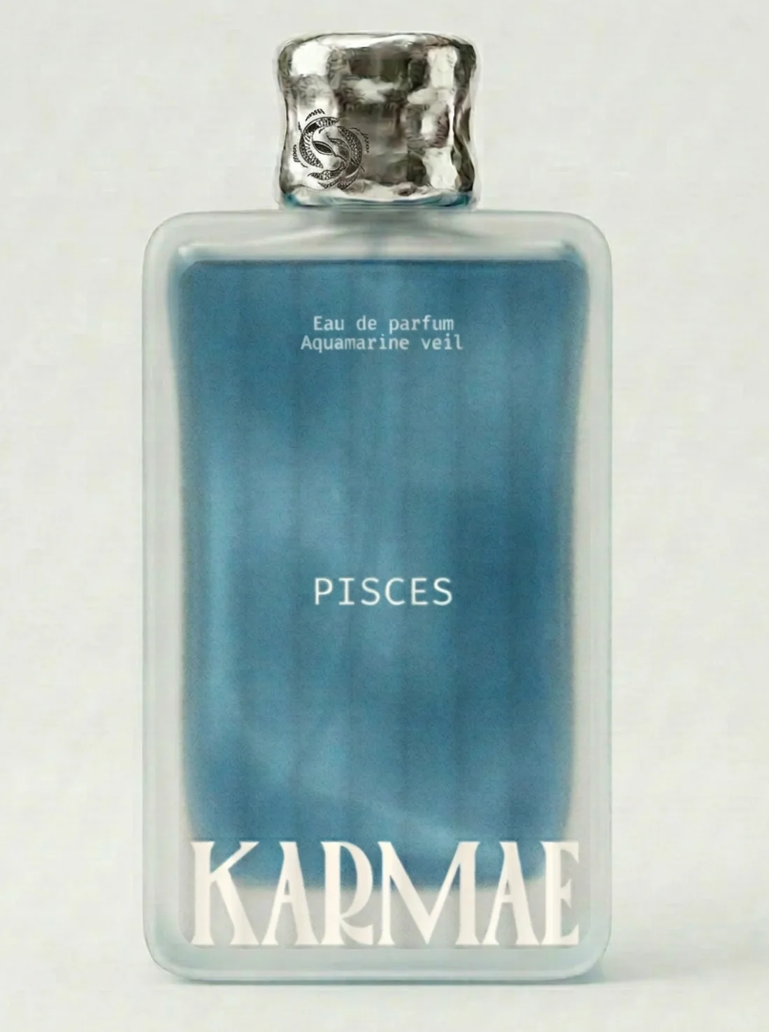 Flacon Pisces, eau de parfum Aquamarine veil, bouchon argenté gravé de deux poissons