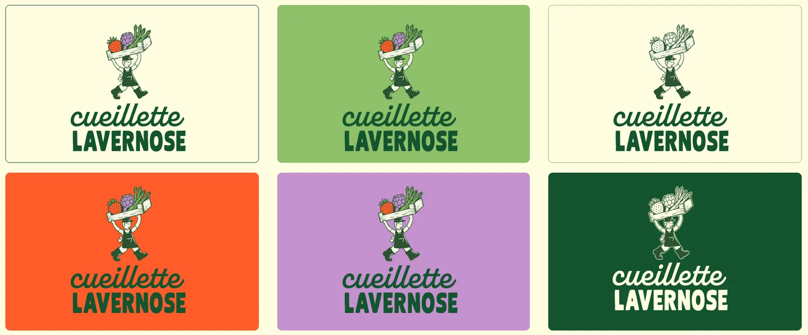 Le logo principal décliné sur crème, vert clair, orange, violet et vert profond