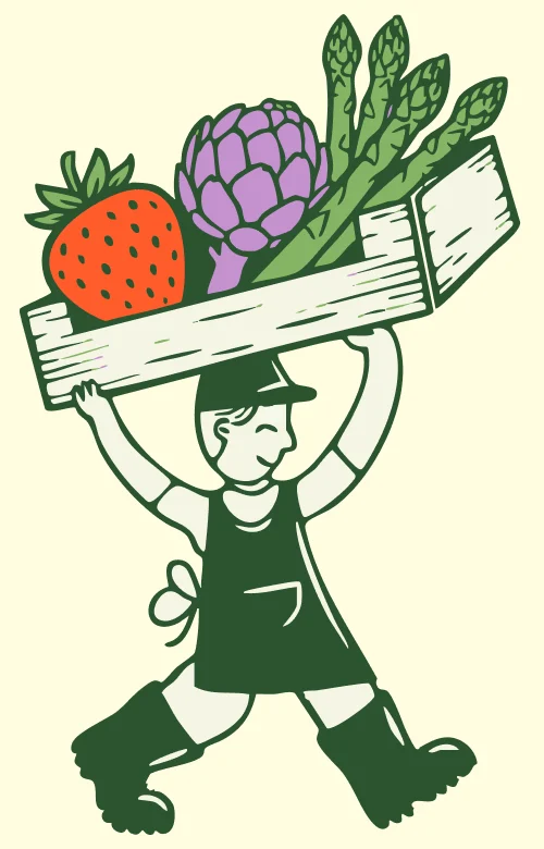 La mascotte : un cueilleur en tablier et bottes, une cagette de fraise, artichaut et asperges sur la tête