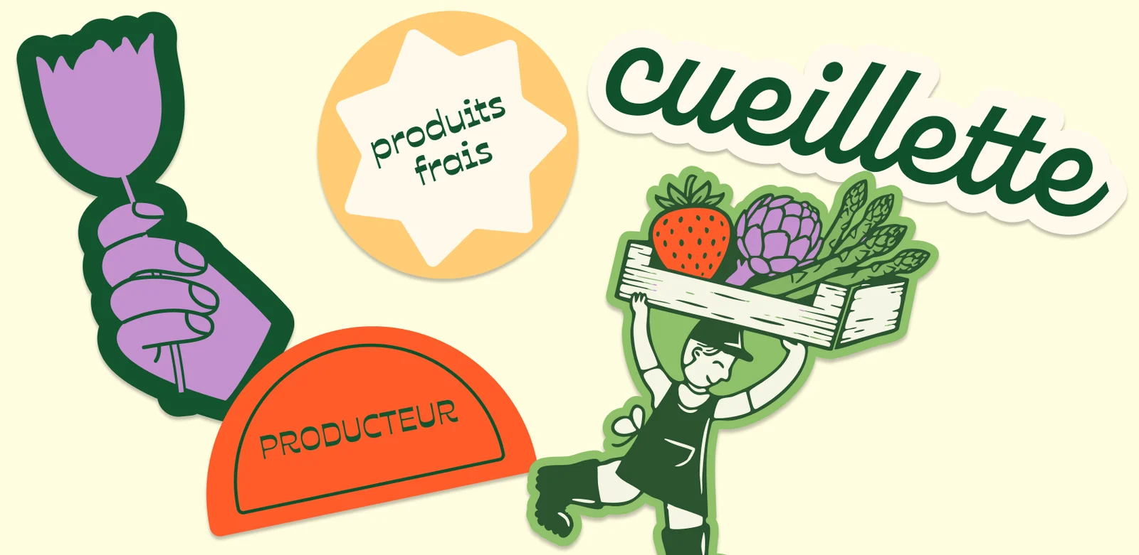 Stickers : une main tenant une tulipe violette, une étoile « produits frais », « cueillette », un demi-cercle orange « Producteur » et la mascotte