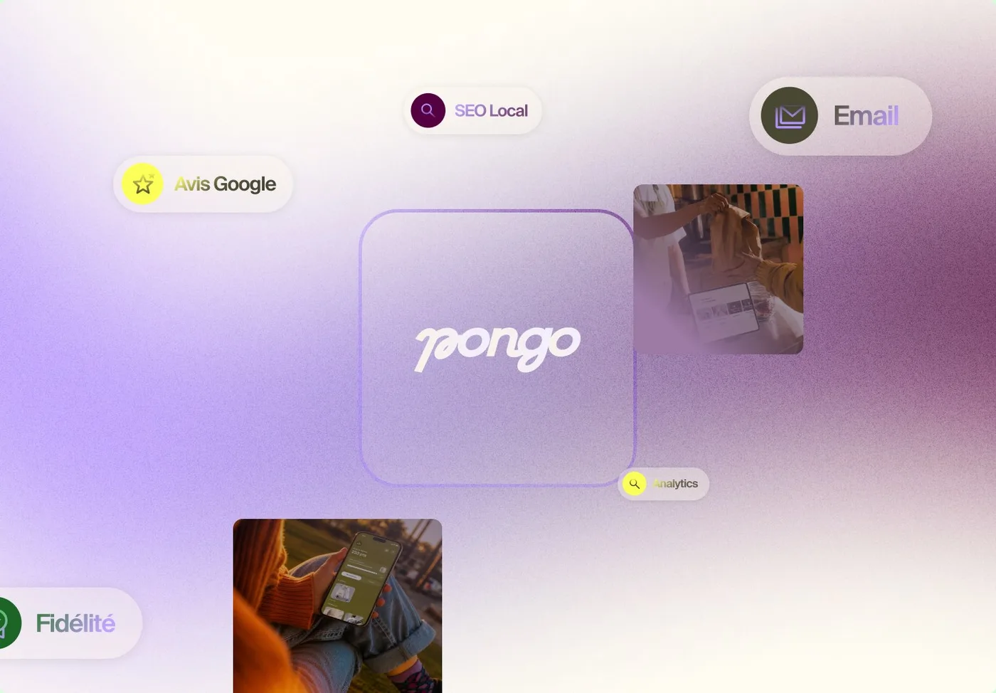 Le logotype Pongo au centre, entouré des outils : avis Google, SEO local, email, fidélité
