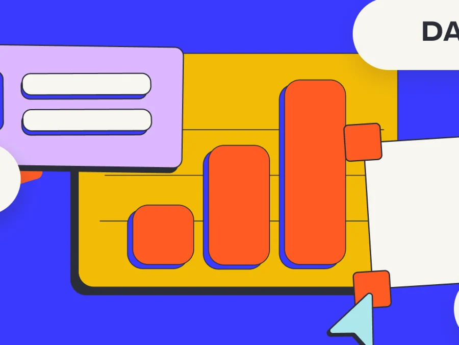 Illustration Jumppe en bleu, orange et lilas : graphique, fiche profil et étiquettes Data, Agent IA