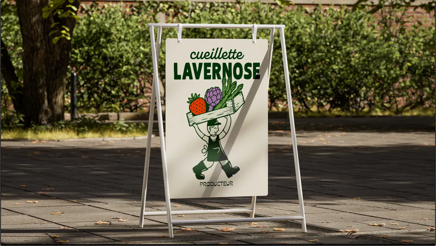 Panneau de la Cueillette Lavernose, avec son personnage portant une cagette de légumes