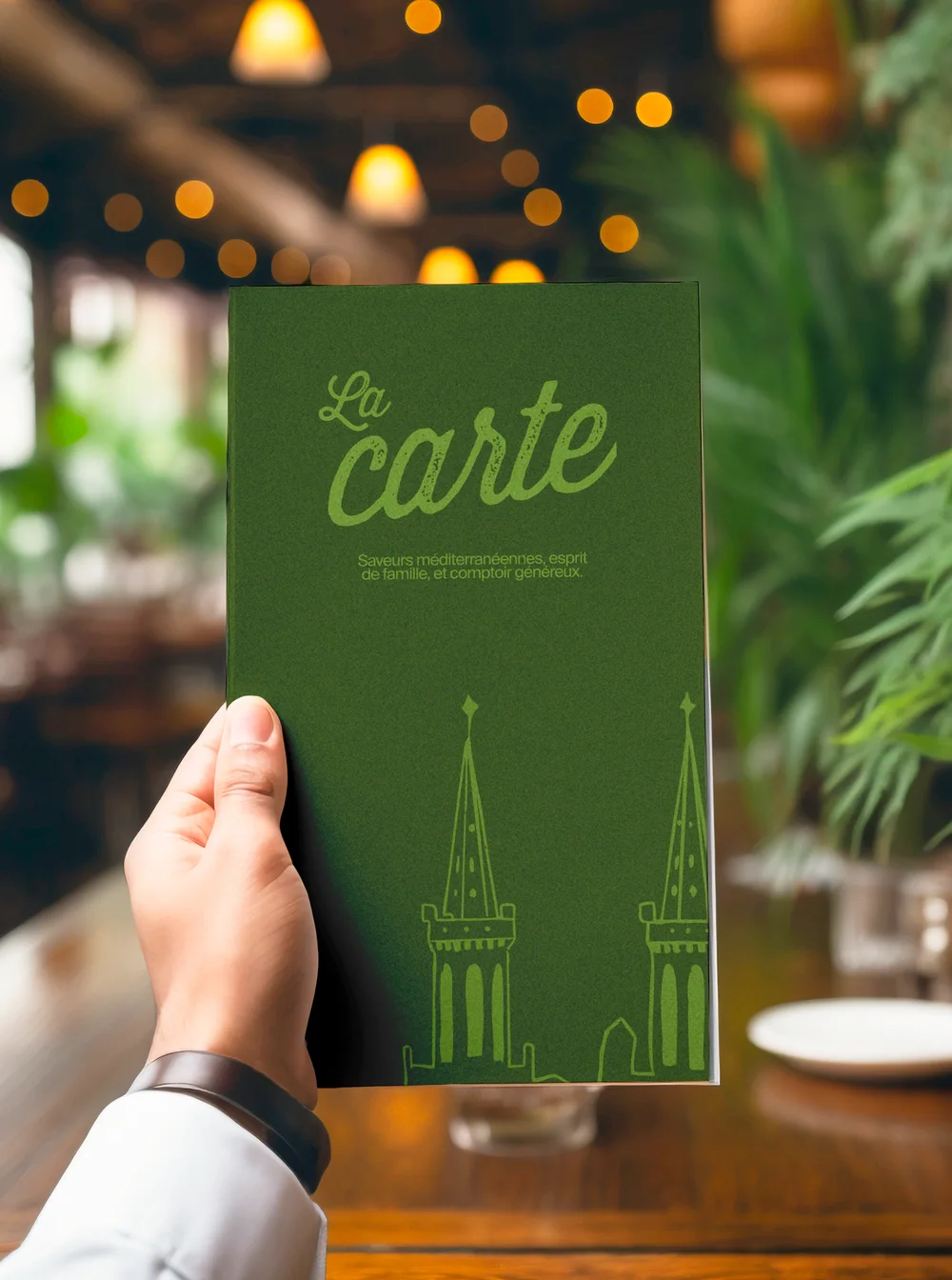La carte du restaurant, verte, « La carte, saveurs méditerranéennes, esprit de famille et comptoir généreux »