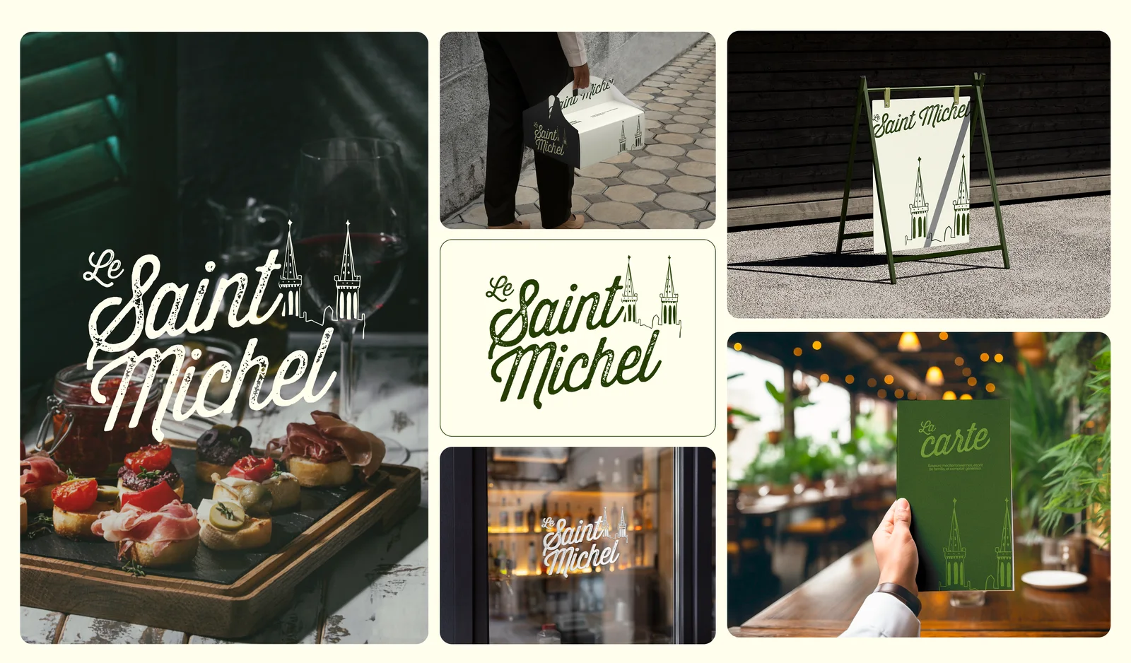 Planche d'identité du Saint Michel : logo aux deux clochers, boîte à emporter, chevalet, vitrine et carte verte